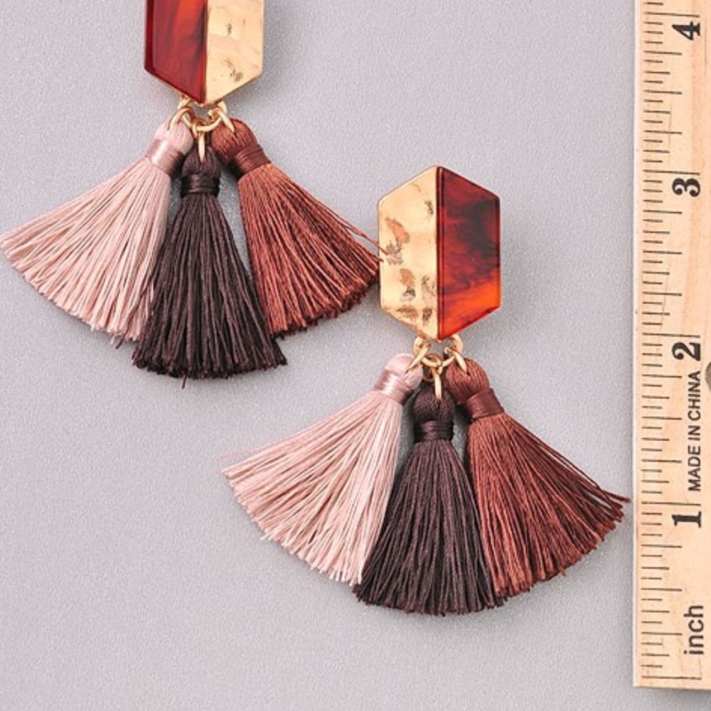 Gold Plated Acrylic Stud Tassel Earring Brown Pink - Picture 7 of 8